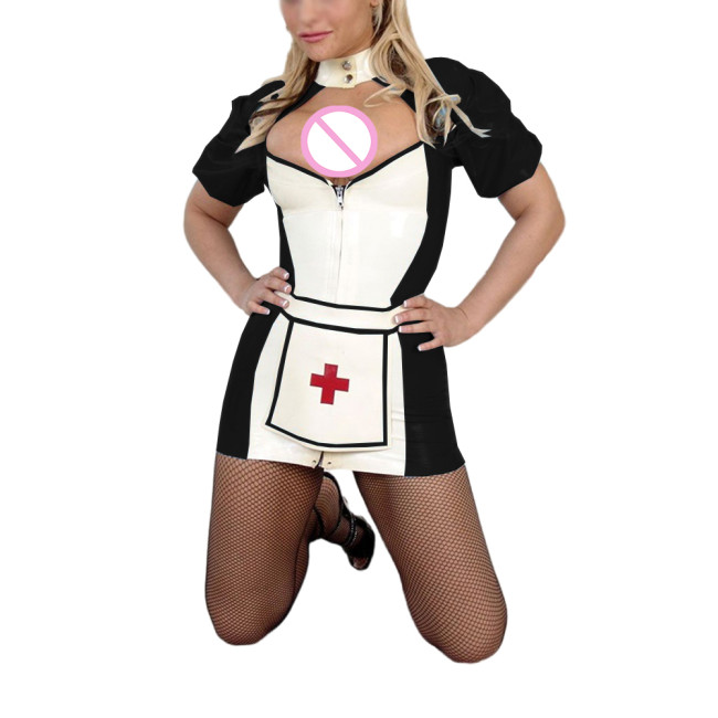 Wet Look PVC Leather Cutout Mini Nurse Dress with Apron Exotic Puff Short Sleeve Pencil Nurs Uniforms Sexy Club Cosplay Costumes