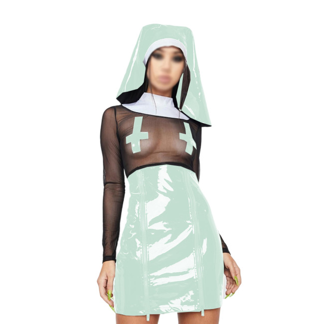 Sexy Sheer Mesh PVC Patchwork Nun Cosplay Uniforms Fetish Fancy Dress Clubwear Long Sleeve Halloween Mother Superior Nun Costume