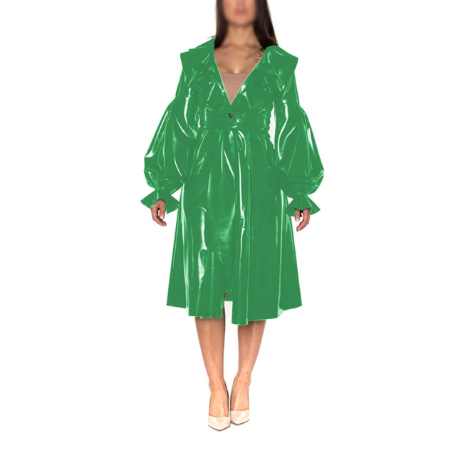 Womens Shiny PVC Leather Trench Sexy Long Flare Sleeve Turn-down Collar Coats Club Midi Trench Dress Wet Look Jackets Outerwear
