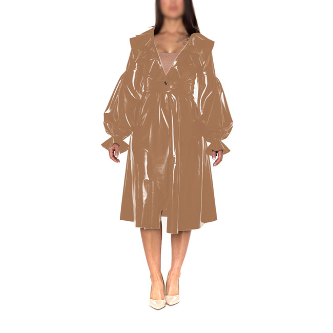 Womens Shiny PVC Leather Trench Sexy Long Flare Sleeve Turn-down Collar Coats Club Midi Trench Dress Wet Look Jackets Outerwear