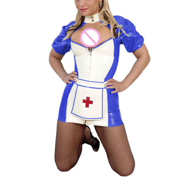 Wet Look PVC Leather Cutout Mini Nurse Dress with Apron Exotic Puff Short Sleeve Pencil Nurs Uniforms Sexy Club Cosplay Costumes