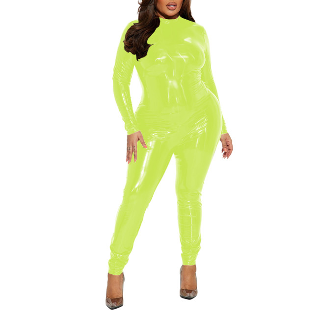 Long Sleeve Backless Wet Look PVC Catsuit Shiny Faux Leather Cosplay Pencil Pants Jumpsuit Sexy Plus Size Womens Stretchy Zentai