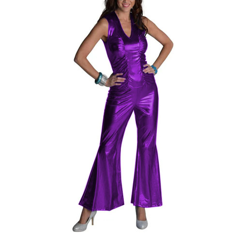 Shiny Metallic Nightclub Sleeveless Jumpsuits Sexy Vintage V-neck Slim Rompers Women Music Festival Party Disco Clothes Outfits