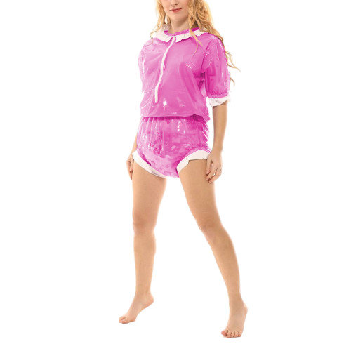 Sexy Sissy Clear PVC Ruffles Bodysuit Adult Baby Fetish Plastic Wet Rompers Half Sleeve See Through Zip Bodysuit Party Overall