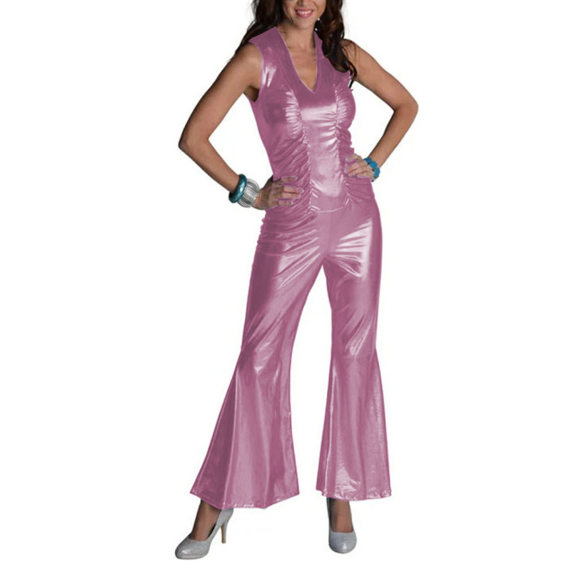 Shiny Metallic Nightclub Sleeveless Jumpsuits Sexy Vintage V-neck Slim Rompers Women Music Festival Party Disco Clothes Outfits