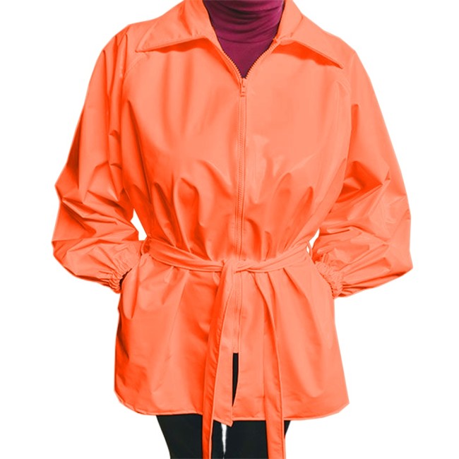 Womens Turn-down Collar Short Style PVC Windbreaker Zipper Long Sleeve Trench Coat with Belt Casual Loose Large Size Trench