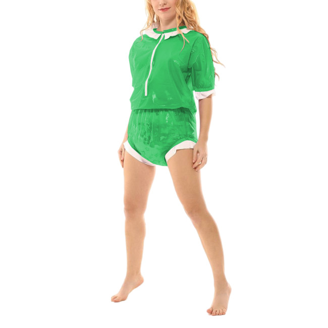 Sexy Sissy Clear PVC Ruffles Bodysuit Adult Baby Fetish Plastic Wet Rompers Half Sleeve See Through Zip Bodysuit Party Overall