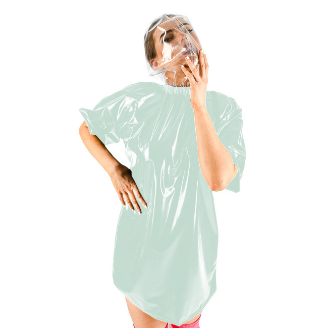 Exotic Masked Hooded Short Sleeve Dress for Womens Adult Sexy One-piece Clear PVC Elastic Dress Fetish Wet Look Cosplay Clubwear