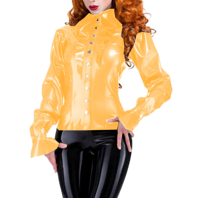 Shiny PVC Women Sexy Turn-down Neck Ruffle Shirt Circular Cuff Long Sleeves Skinny Shirts Blouse Slim Tops Elegance Office Lady