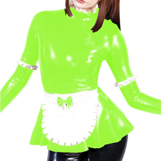 Sexy Maid Ruffle Top High Neck Frill Style Faux Latex Apron Tee Shirt Fancy Role Play Costume Shiny PVC Long Sleeve Maid Blouse