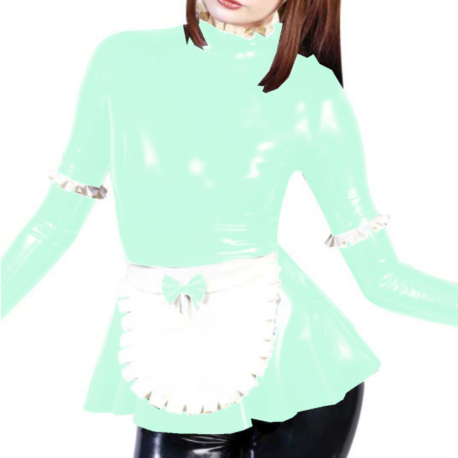 Sexy Maid Ruffle Top High Neck Frill Style Faux Latex Apron Tee Shirt Fancy Role Play Costume Shiny PVC Long Sleeve Maid Blouse