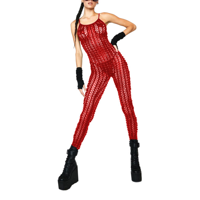 Fashion Sexy Shiny Fishnet Hole Spaghetti Straps Jumpsuit Summer Womens Vinyl Metallic Sleeveless Catsuit Hollow Out Clubwear