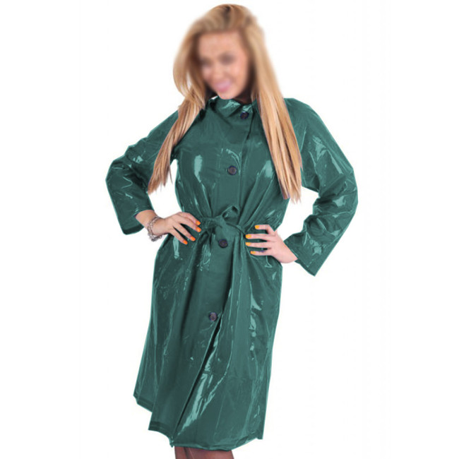 Womens Turn-down Collar Shiny PVC Leather Trench Coat Gothic Long Sleeve Knee-Length Trench Single Button Belt Overcoat Clubwear