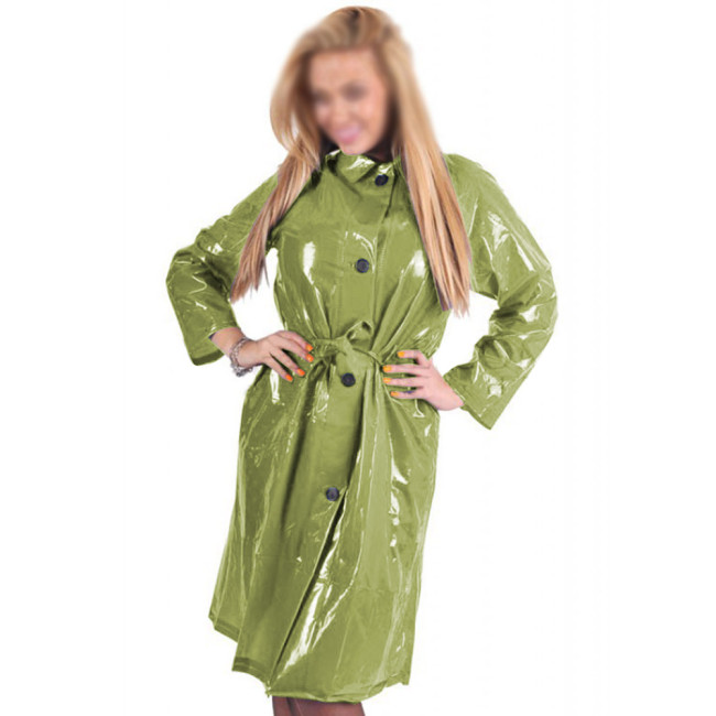 Womens Turn-down Collar Shiny PVC Leather Trench Coat Gothic Long Sleeve Knee-Length Trench Single Button Belt Overcoat Clubwear