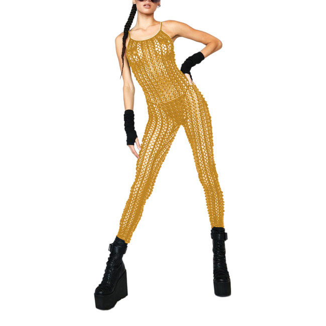 Fashion Sexy Shiny Fishnet Hole Spaghetti Straps Jumpsuit Summer Womens Vinyl Metallic Sleeveless Catsuit Hollow Out Clubwear