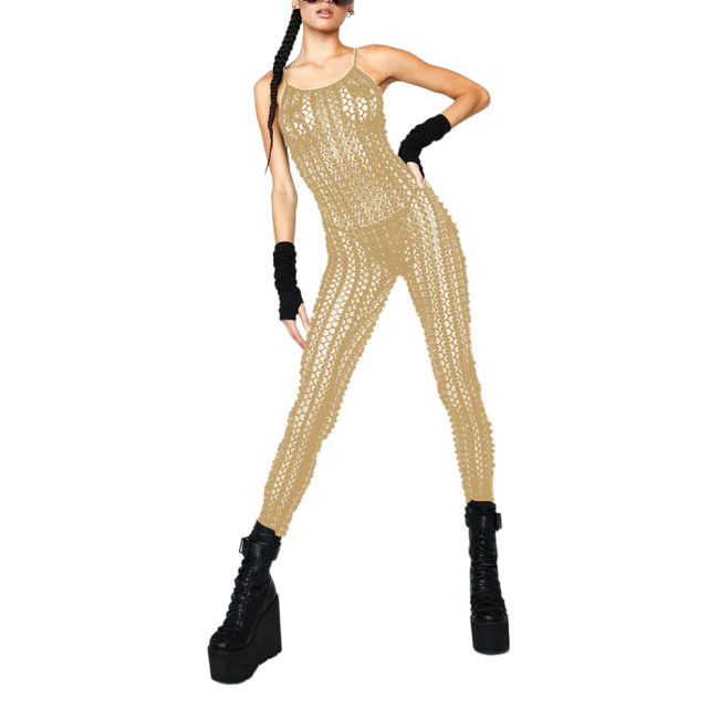 Fashion Sexy Shiny Fishnet Hole Spaghetti Straps Jumpsuit Summer Womens Vinyl Metallic Sleeveless Catsuit Hollow Out Clubwear