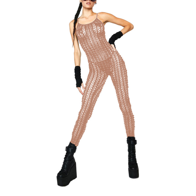 Fashion Sexy Shiny Fishnet Hole Spaghetti Straps Jumpsuit Summer Womens Vinyl Metallic Sleeveless Catsuit Hollow Out Clubwear