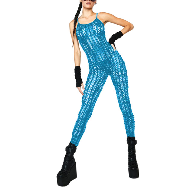 Fashion Sexy Shiny Fishnet Hole Spaghetti Straps Jumpsuit Summer Womens Vinyl Metallic Sleeveless Catsuit Hollow Out Clubwear