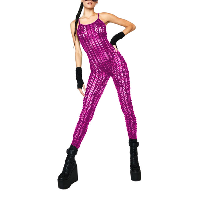 Fashion Sexy Shiny Fishnet Hole Spaghetti Straps Jumpsuit Summer Womens Vinyl Metallic Sleeveless Catsuit Hollow Out Clubwear