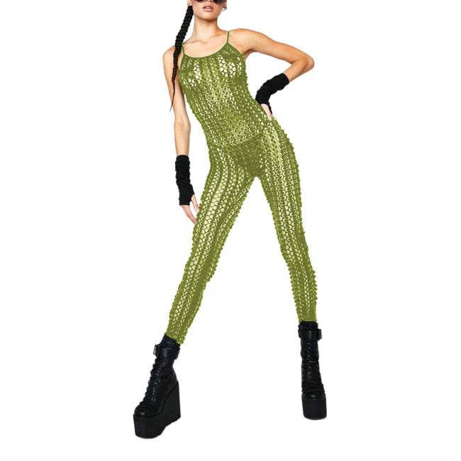 Fashion Sexy Shiny Fishnet Hole Spaghetti Straps Jumpsuit Summer Womens Vinyl Metallic Sleeveless Catsuit Hollow Out Clubwear