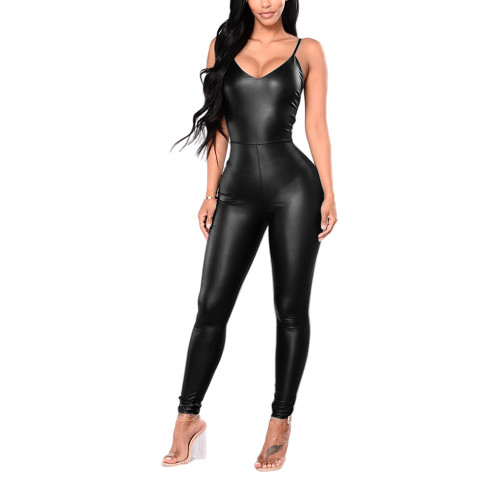 Sexy V-neck Spaghetti Strap PU Leather Jumpsuit Womens Stretch Club Catsuit Summer Backless Camis Rompers Streetwear Clubwear