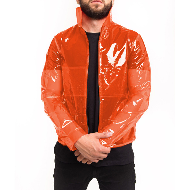 Men's Glossy Clear PVC Stand Collar See-through Jackets Long Sleeve Pocket Transparency Coats Perspective Jacket Party Clubwear