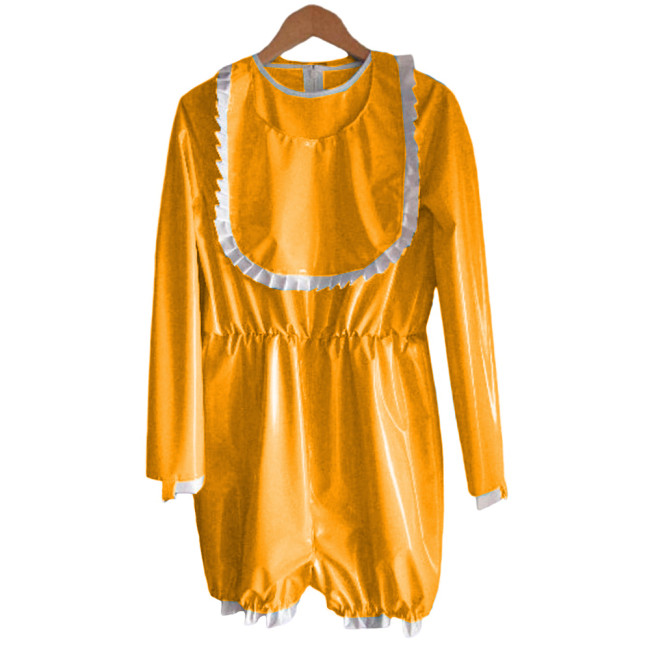 Catsuits Costumes Clubwear Glossy PVC Leather Long Sleeve Playsuits With Ruffle Bib Tights Baby Bodysuits Sweet Cosplay Costumes