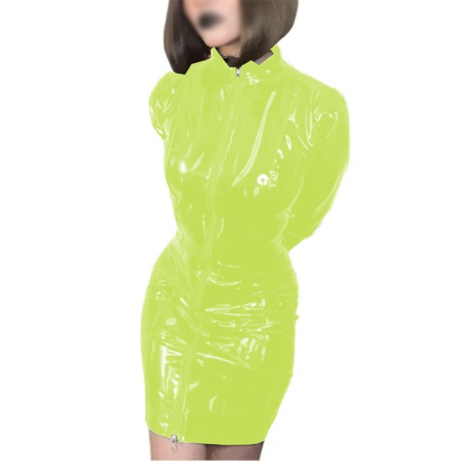 Women Faux PVC Shiny Mini Dress Long Sleeve Stand Collar Zipper Stretch Dress Sexy Wet Look Bodycon Dress Night Party Clubwear