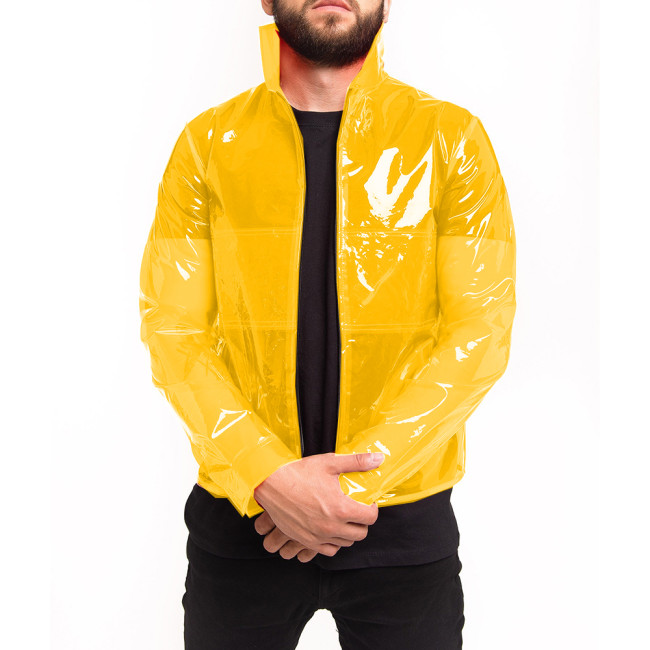 Men's Glossy Clear PVC Stand Collar See-through Jackets Long Sleeve Pocket Transparency Coats Perspective Jacket Party Clubwear