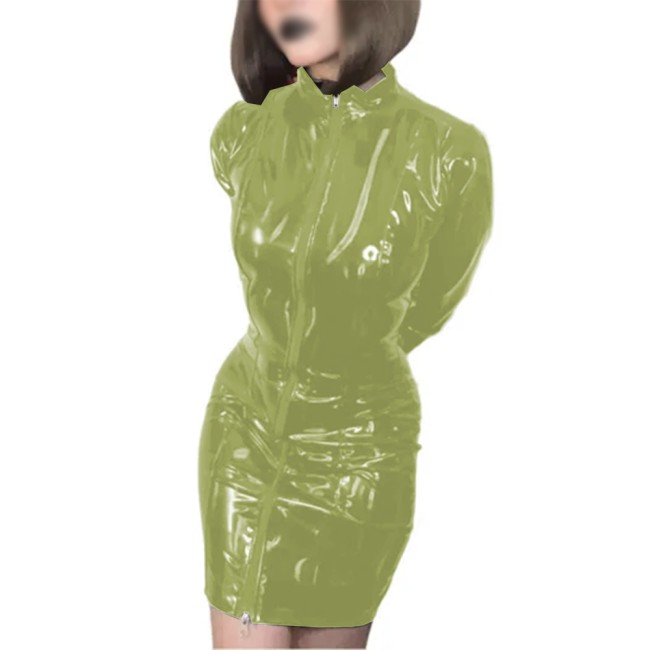 Women Faux PVC Shiny Mini Dress Long Sleeve Stand Collar Zipper Stretch Dress Sexy Wet Look Bodycon Dress Night Party Clubwear