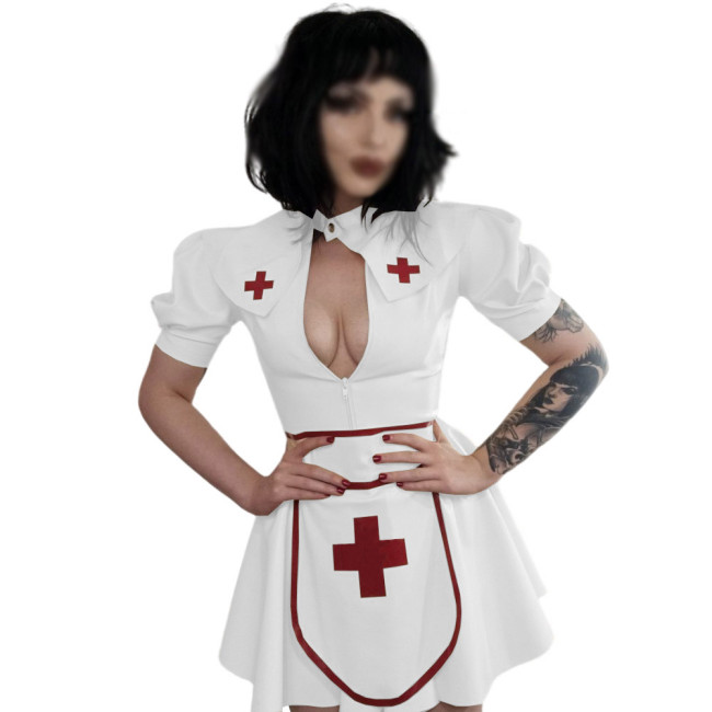 Fancy Sexy PVC Leather Nurse Costume Cosplay Short Puff Sleeve Zipper A-line Mini Dress with Apron Cape Naughty Nurse Uniform