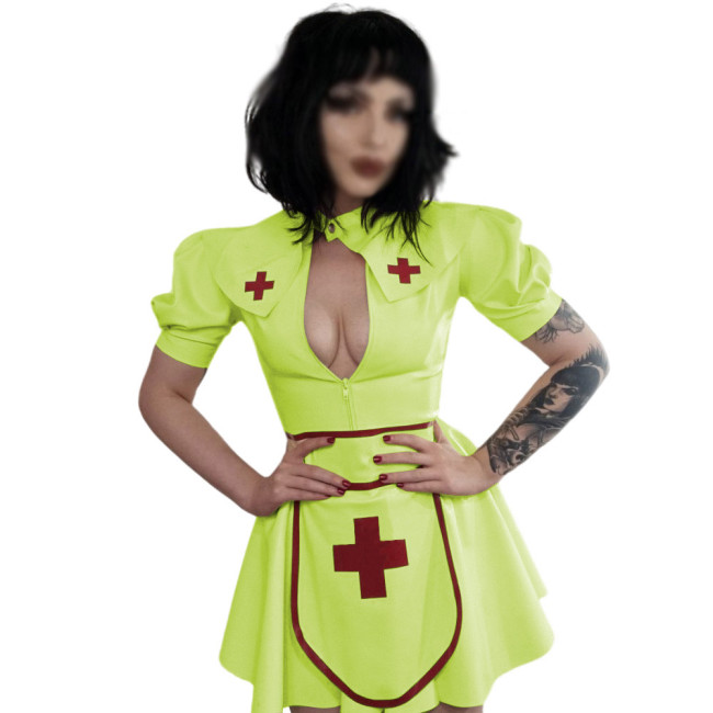 Fancy Sexy PVC Leather Nurse Costume Cosplay Short Puff Sleeve Zipper A-line Mini Dress with Apron Cape Naughty Nurse Uniform