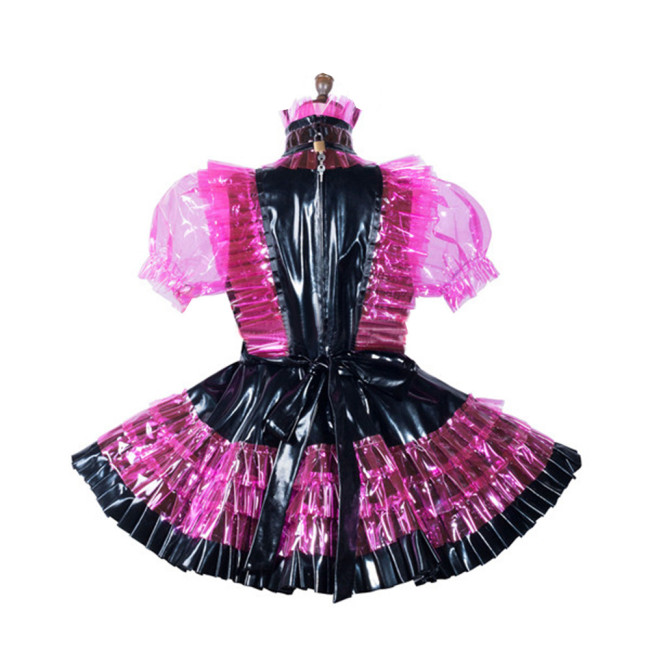 Sissy Lockable Black PVC Patchwork Maid Unifroms Fetish Clear Plastic Maid Dress with Apron Puff Short Sleeve Frills Maid Dress