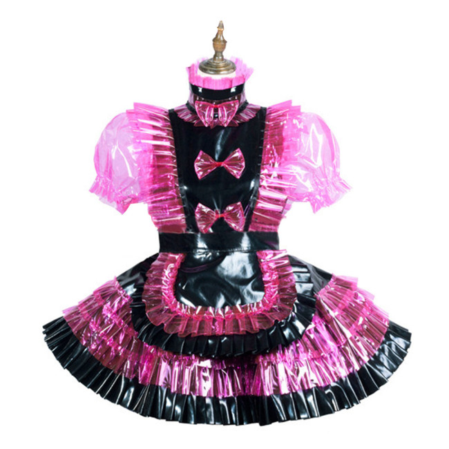 Sissy Lockable Black PVC Patchwork Maid Unifroms Fetish Clear Plastic Maid Dress with Apron Puff Short Sleeve Frills Maid Dress