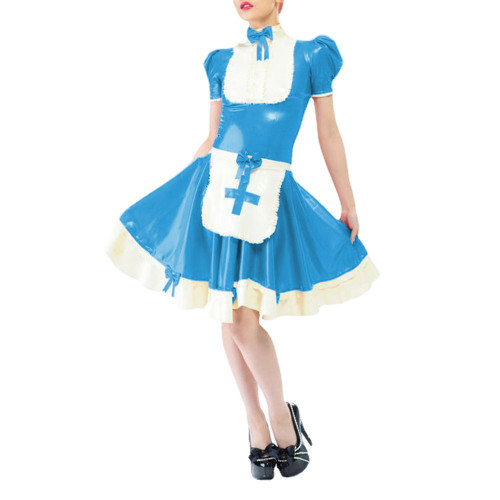 Sissy Nurse Faux PVC Leather Lolita Dress with Apron Sweet Lolita Bow Ruffled A-line Nurse Dress Party Club Wear Cosplay Costume