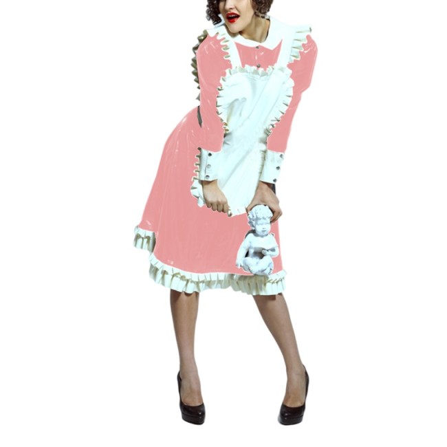Lolita Peter Pan Collar Long Sleeve Knee-Length Maid Dress with Ruffled Apron Men Women French Maid Cosplay Costume Maid Uniform