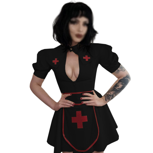 Fancy Sexy PVC Leather Nurse Costume Cosplay Short Puff Sleeve Zipper A-line Mini Dress with Apron Cape Naughty Nurse Uniform