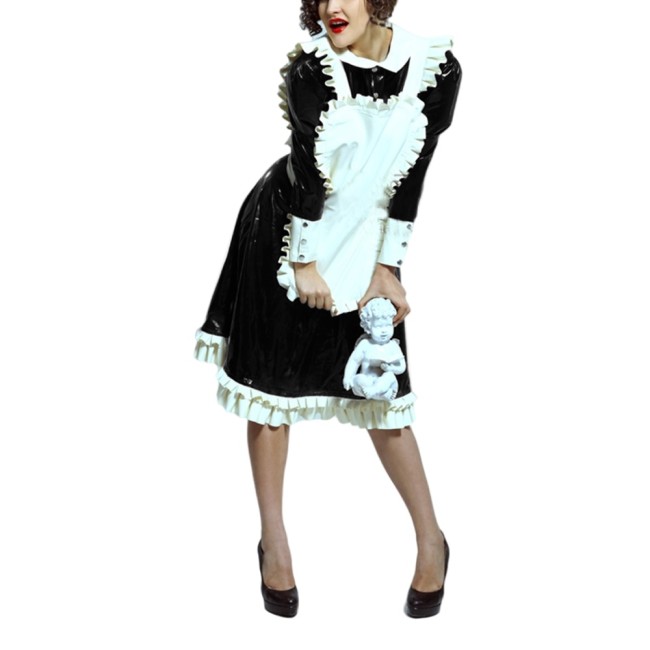 Lolita Peter Pan Collar Long Sleeve Knee-Length Maid Dress with Ruffled Apron Men Women French Maid Cosplay Costume Maid Uniform