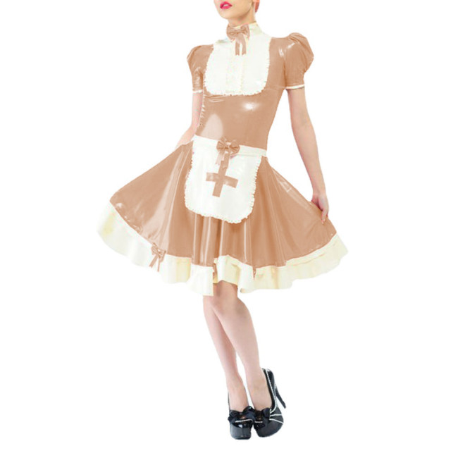 Sissy Nurse Faux PVC Leather Lolita Dress with Apron Sweet Lolita Bow Ruffled A-line Nurse Dress Party Club Wear Cosplay Costume