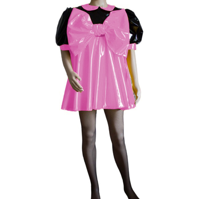 Sissy Sweet Patchwork Color Super Big Bow Dress Puff Short Sleeve Peter Pan Collar A-line Mini Dress Cosplay Unisex Costume S-7XL