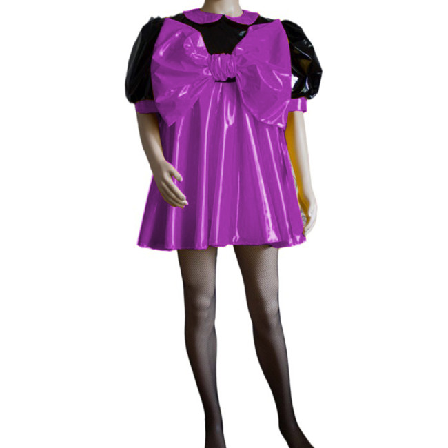 Sissy Sweet Patchwork Color Super Big Bow Dress Puff Short Sleeve Peter Pan Collar A-line Mini Dress Cosplay Unisex Costume S-7XL