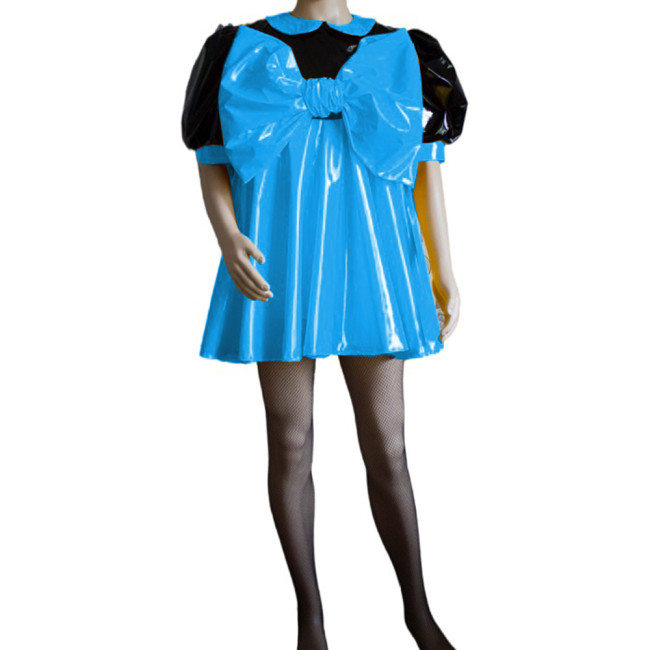 Sissy Sweet Patchwork Color Super Big Bow Dress Puff Short Sleeve Peter Pan Collar A-line Mini Dress Cosplay Unisex Costume S-7XL