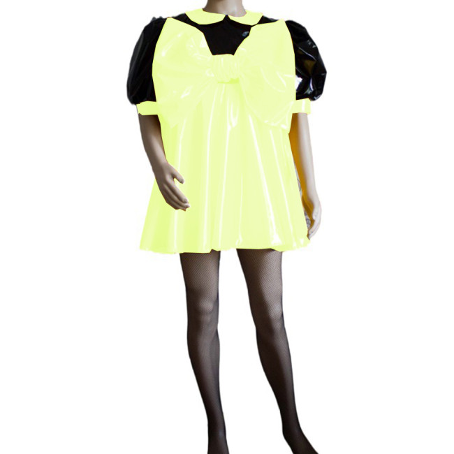 Sissy Sweet Patchwork Color Super Big Bow Dress Puff Short Sleeve Peter Pan Collar A-line Mini Dress Cosplay Unisex Costume S-7XL