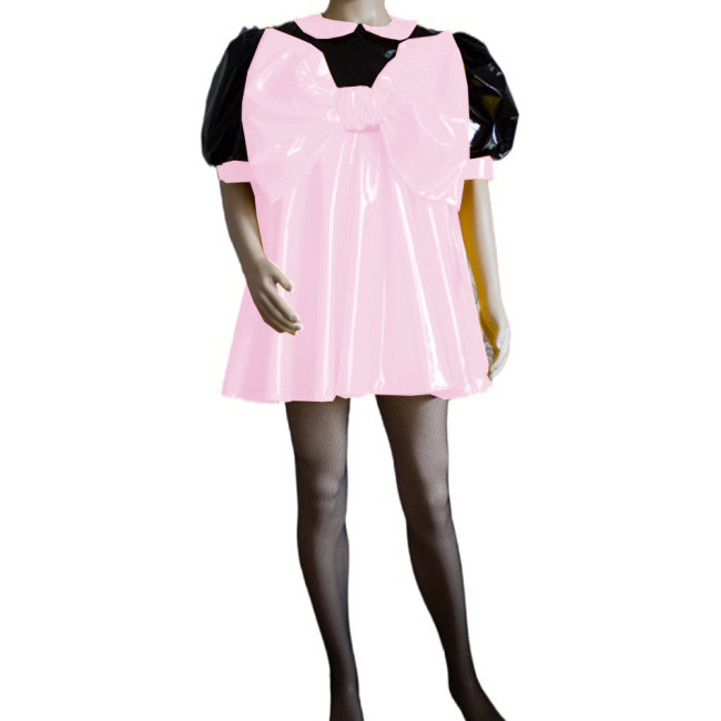 Sissy Sweet Patchwork Color Super Big Bow Dress Puff Short Sleeve Peter Pan Collar A-line Mini Dress Cosplay Unisex Costume S-7XL