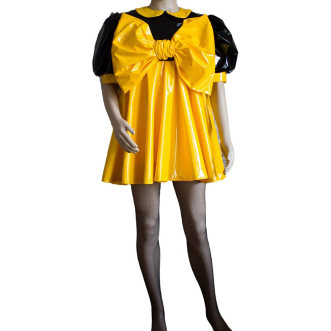 Sissy Sweet Patchwork Color Super Big Bow Dress Puff Short Sleeve Peter Pan Collar A-line Mini Dress Cosplay Unisex Costume S-7XL