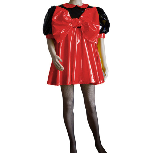 Sissy Sweet Patchwork Color Super Big Bow Dress Puff Short Sleeve Peter Pan Collar A-line Mini Dress Cosplay Unisex Costume S-7XL
