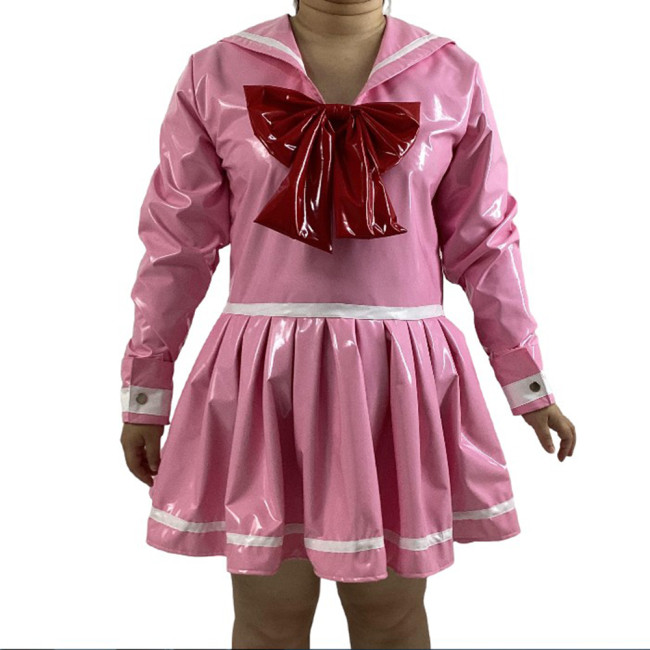 Sweet Sailor Collar Cosplay Costumes A-line Mini Dress Sexy Sissy Long Sleeves Bows Dress PVC Sailor Suit Uniform Outfit Party