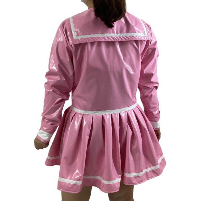 Sweet Sailor Collar Cosplay Costumes A-line Mini Dress Sexy Sissy Long Sleeves Bows Dress PVC Sailor Suit Uniform Outfit Party