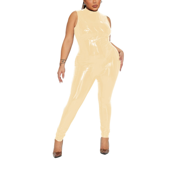 Plus Size Womens Shiny PVC Jumpsuit Wet Look Round Neck Sleeveless Glossy Leather Catsuit Sissy Bodycon Stretch Rompers Clubwear