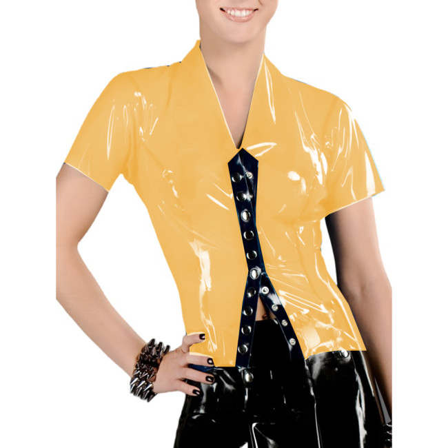 Sexy Transparent Tops Patchwork Colors Glossy Clear PVC Turn-down Neck Snaps Perspective Blouse Outfit Body Lingerie Shirt Women